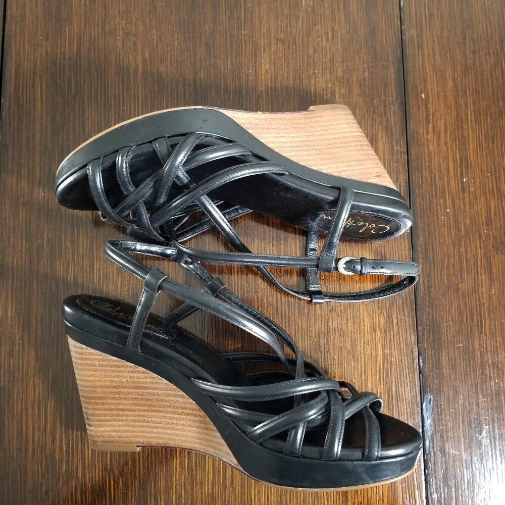 Cole Haan Womens Wedge Sandal Black Leather Sling Back NikeAir 9.5B Heel Strappy - Picture 2 of 9